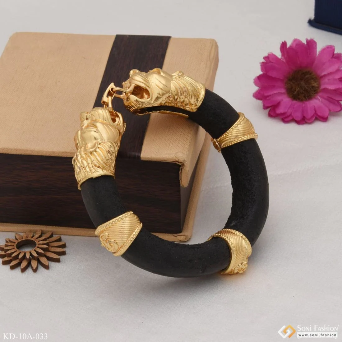 Lion Face - Brilliant Design Black Leather Genda Kada Gold Plated - Style A033 - Image 5