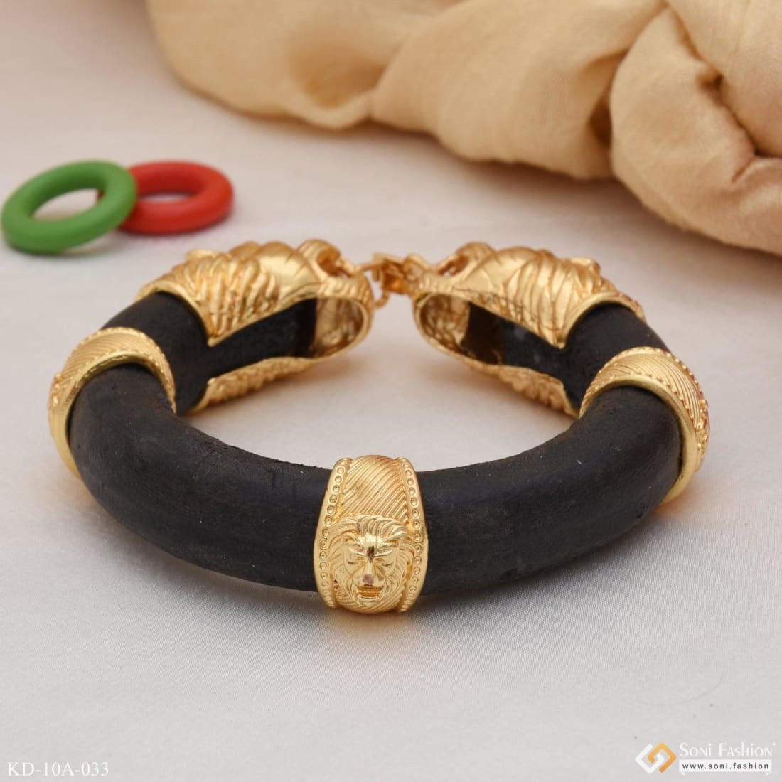 Lion Face - Brilliant Design Black Leather Genda Kada Gold Plated - Style A033 - Image 6