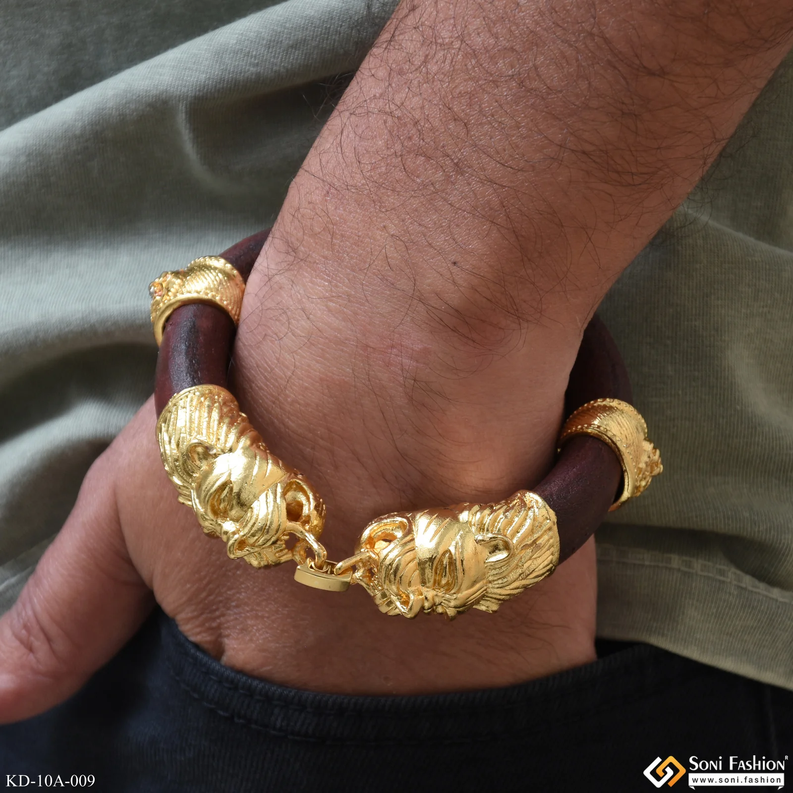 Lion Face - Classic Design Brown Leather Genda Kada Gold Plated for Men - Style A009 - Image 3