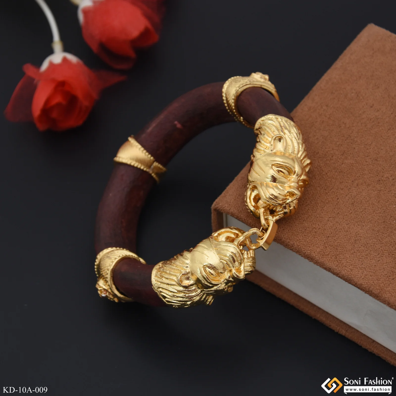 Lion Face - Classic Design Brown Leather Genda Kada Gold Plated for Men - Style A009 - Image 5