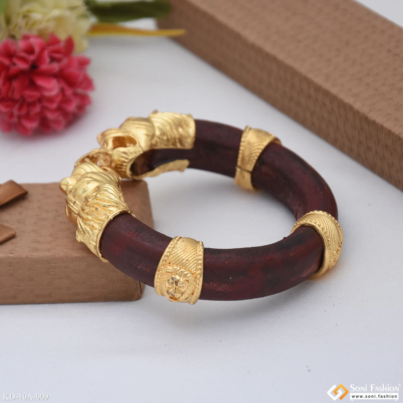 Lion Face - Classic Design Brown Leather Genda Kada Gold Plated for Men - Style A009 - Image 6