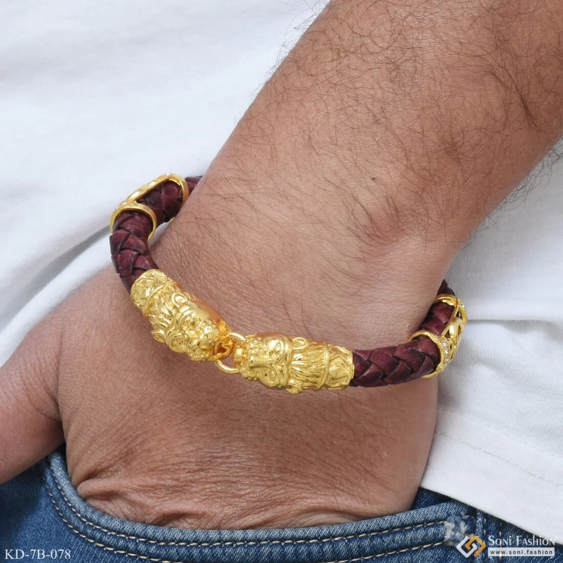 Lion Face Fancy Design High-Quality Gold Plated Leather kada for Men - Style B078 - Image 2