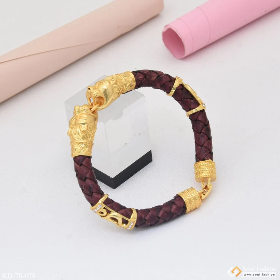 Lion Face Fancy Design High-Quality Gold Plated Leather kada for Men - Style B078 - Image 6