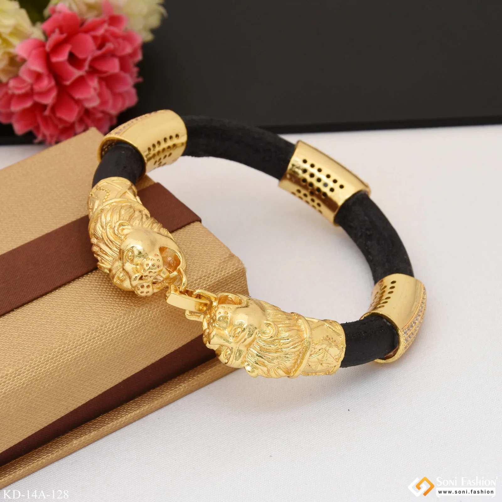 Lion Face Genda Kada with 3 Diamond Cubes with Openable Lock for Men - Style A128 - Image 3
