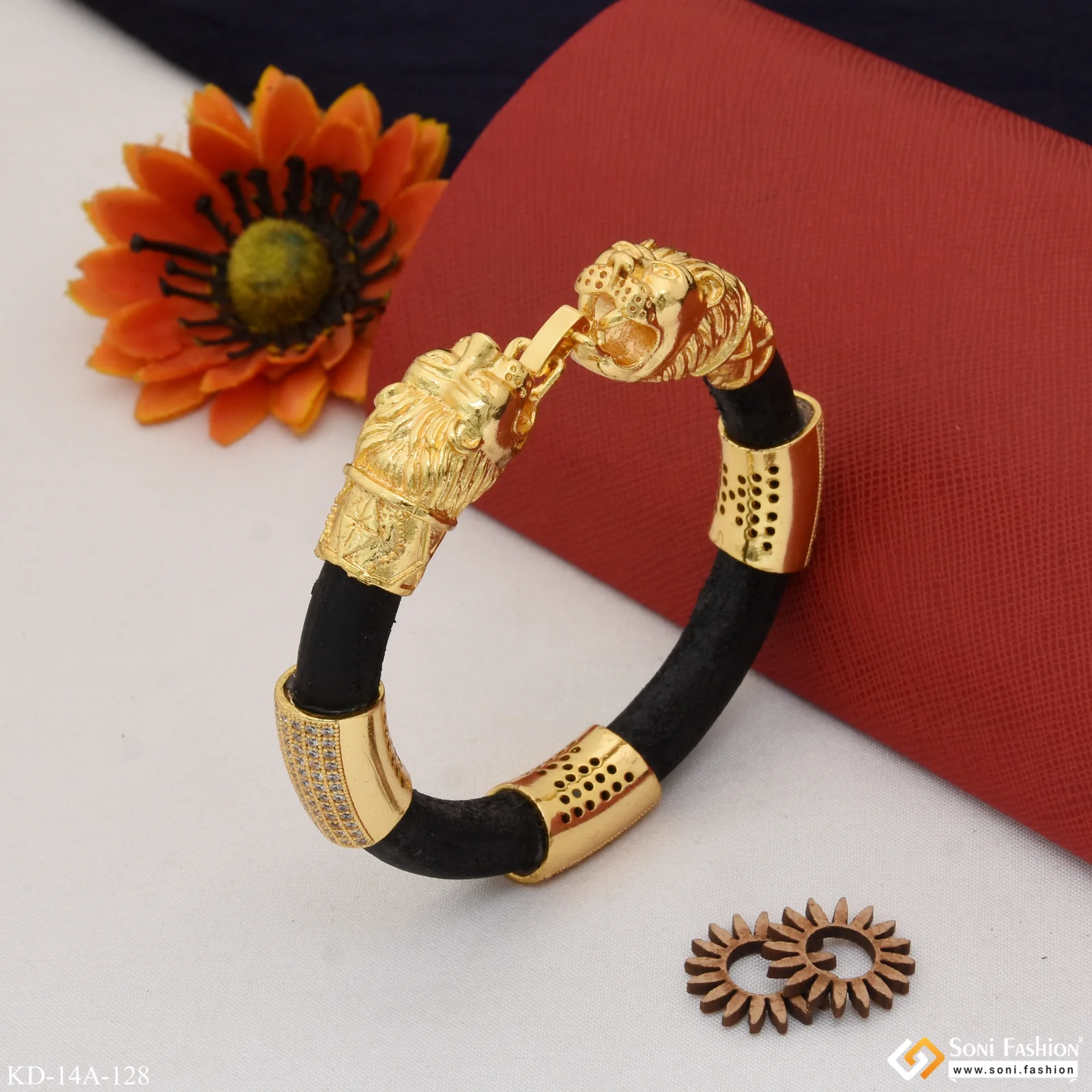 Lion Face Genda Kada with 3 Diamond Cubes with Openable Lock for Men - Style A128 - Image 4
