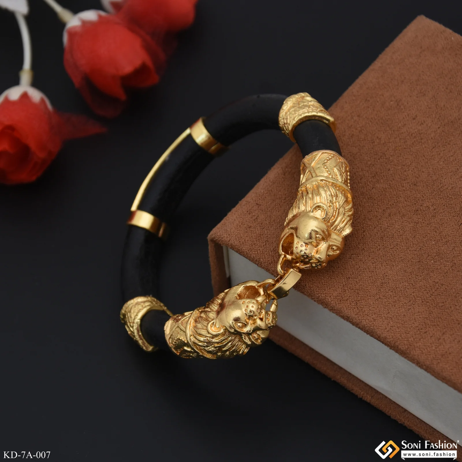 Two-lion Face & Mahadev Genda Kada Classic Design Leather Gold Plated - Style A007 - Image 5