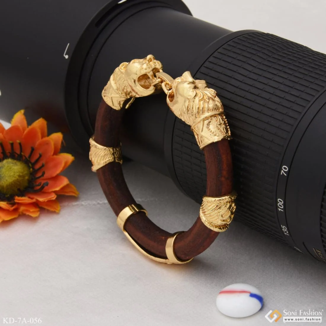 Two-Lion Face & Jay Mataji Genda Kada Classic Design Leather Gold Plated - Style A056 - Image 3