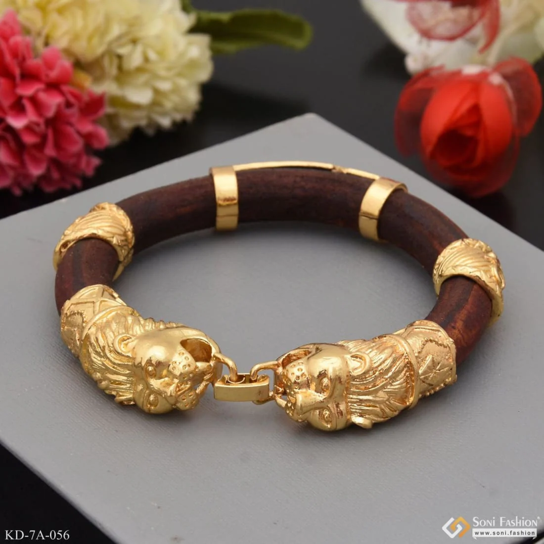 Two-Lion Face & Jay Mataji Genda Kada Classic Design Leather Gold Plated - Style A056 - Image 4
