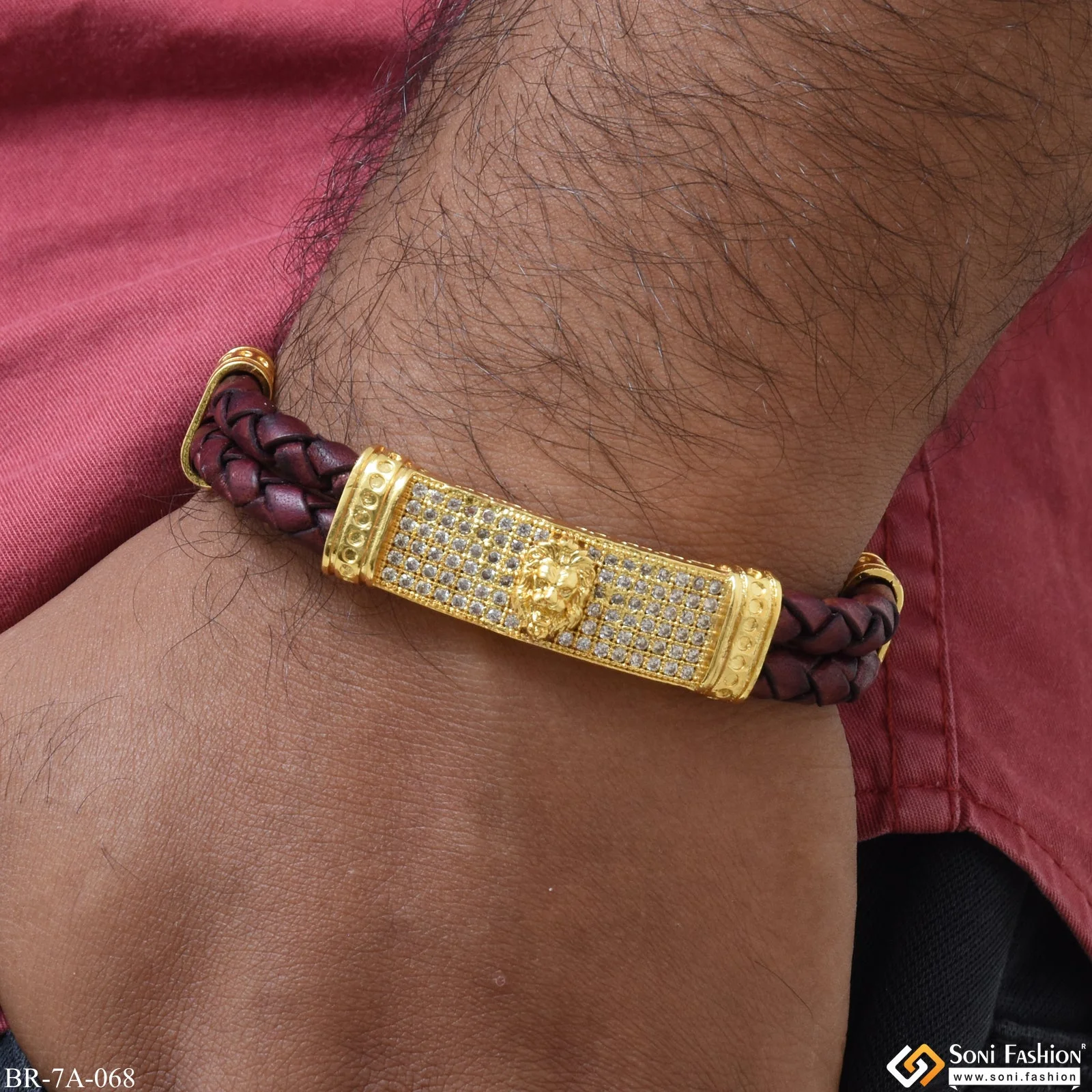 Lion Face on Leather with Diamonds Gold Plated Bracelet for Men - Style A068 - Image 3