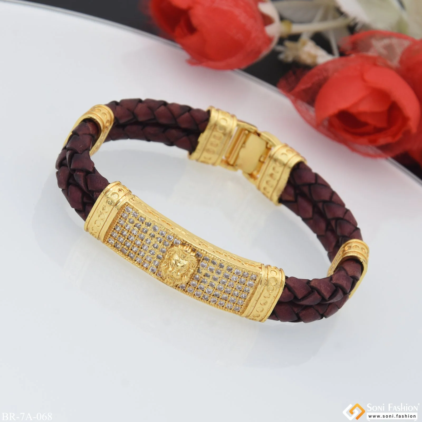 Lion Face on Leather with Diamonds Gold Plated Bracelet for Men - Style A068 - Image 5