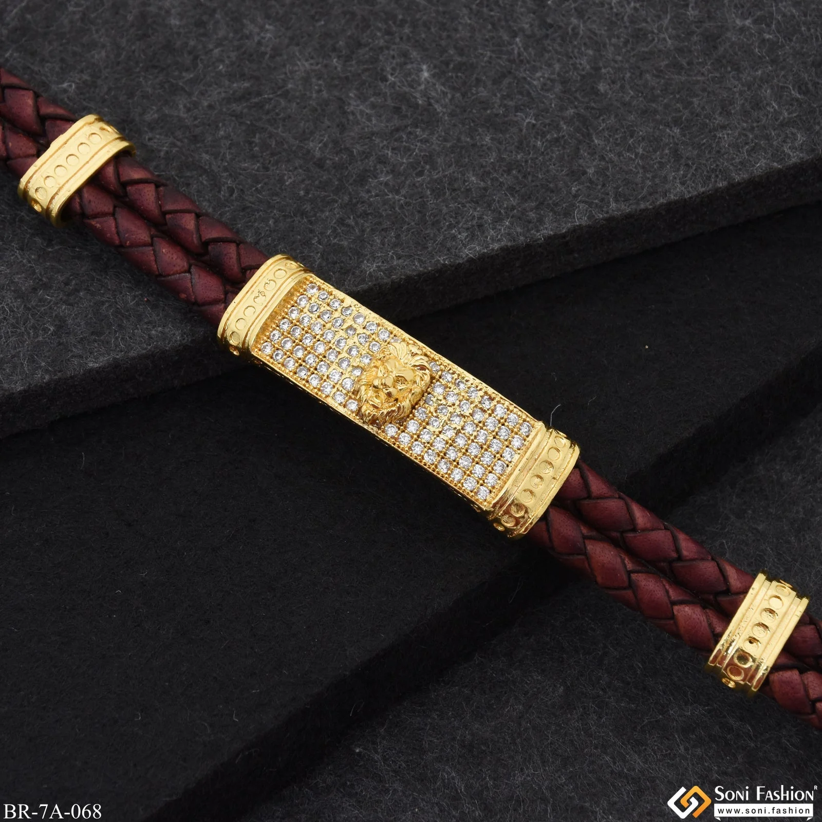 Lion Face on Leather with Diamonds Gold Plated Bracelet for Men - Style A068 - Image 6