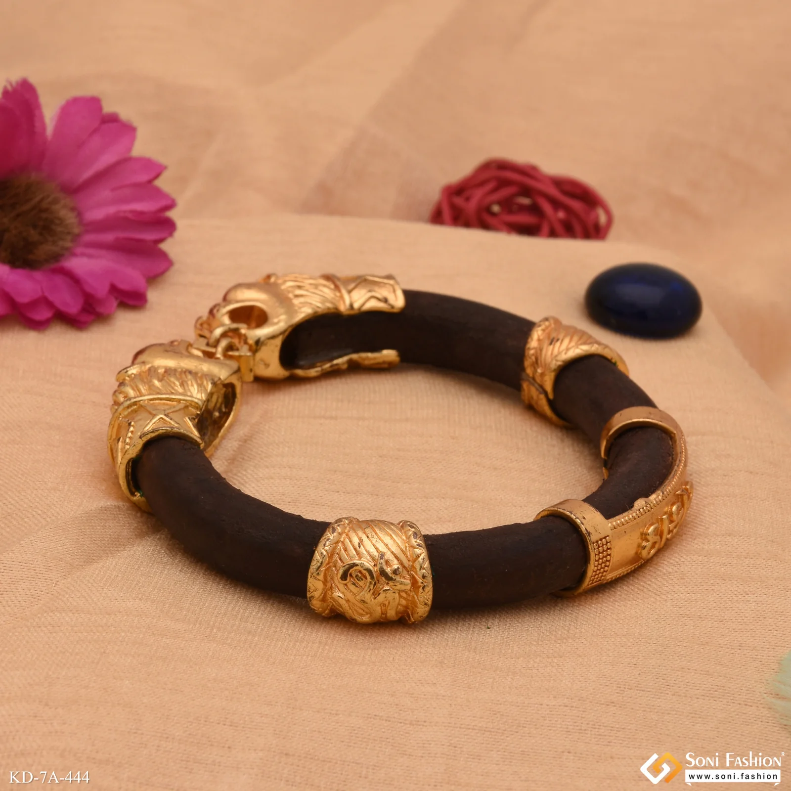 Two-Lion Face & Thakar Antique Design Gold Plated Genda Kada for Men - Style A444 - Image 4