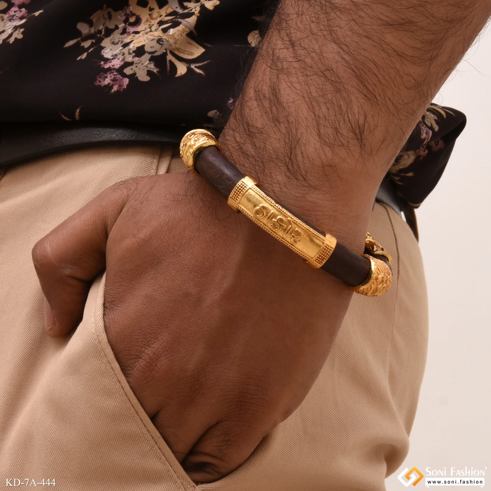 Two-Lion Face & Thakar Antique Design Gold Plated Genda Kada for Men - Style A444 - Image 5