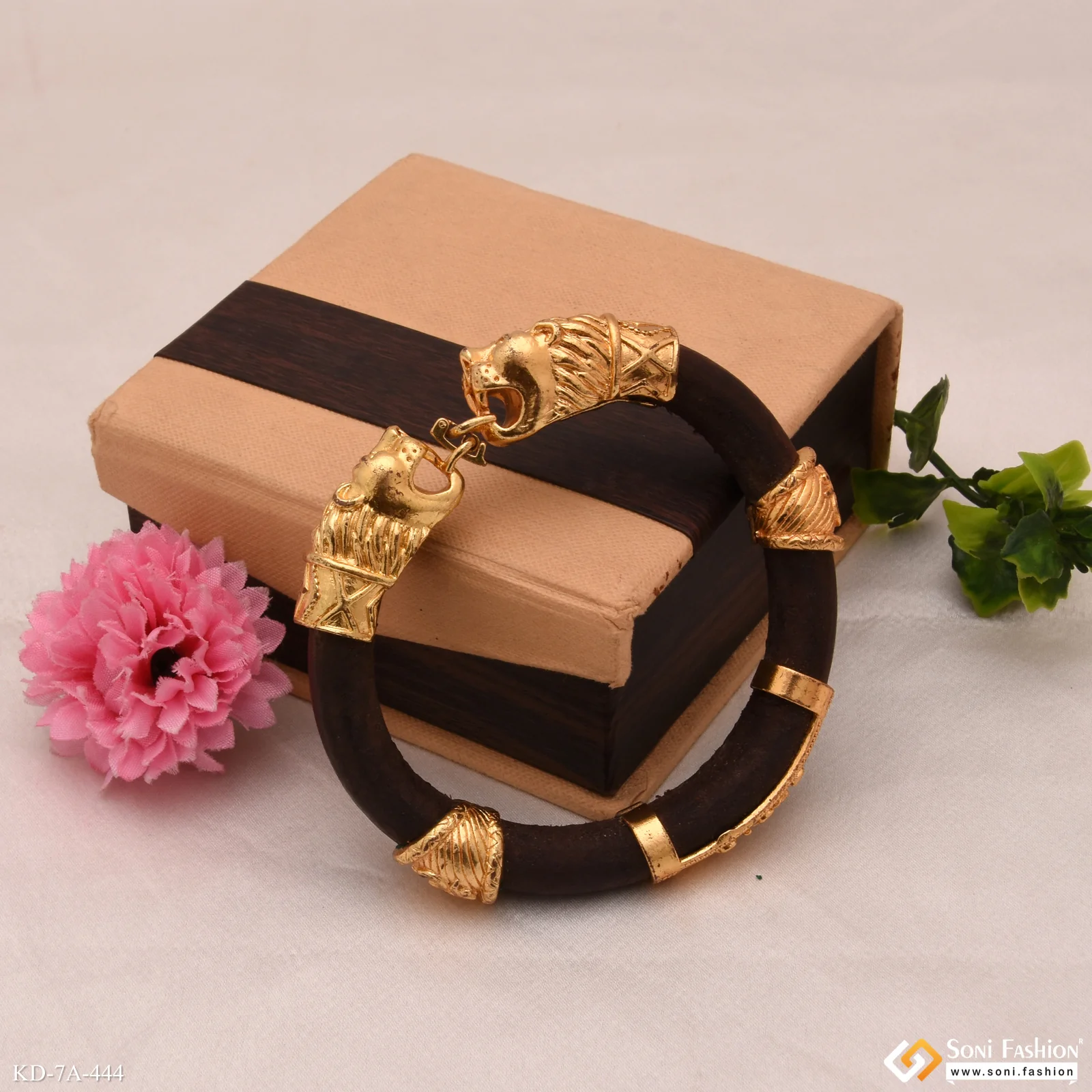 Two-Lion Face & Thakar Antique Design Gold Plated Genda Kada for Men - Style A444 - Image 6
