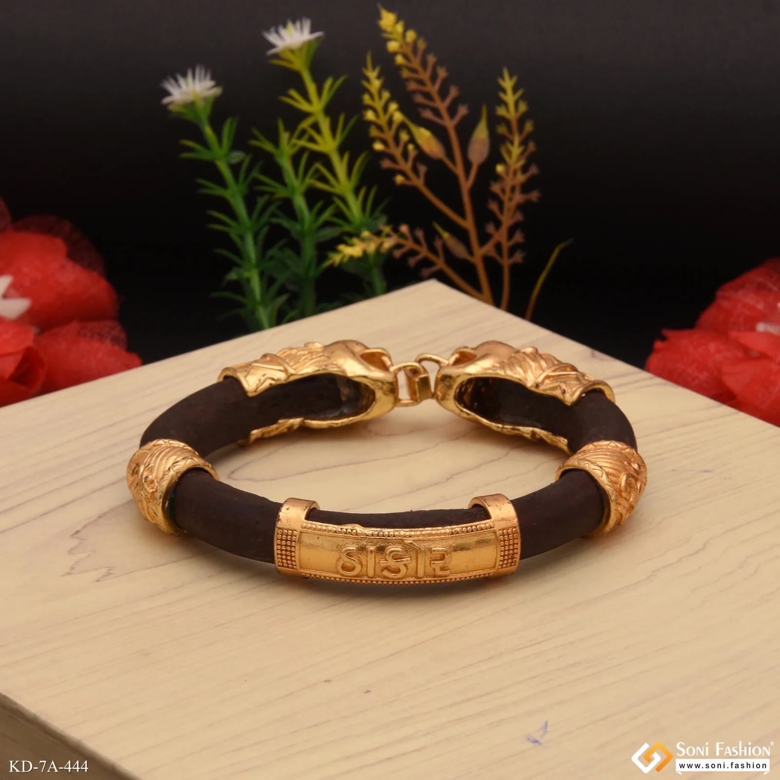 Two-Lion Face & Thakar Antique Design Gold Plated Genda Kada for Men - Style A444 - Image 7