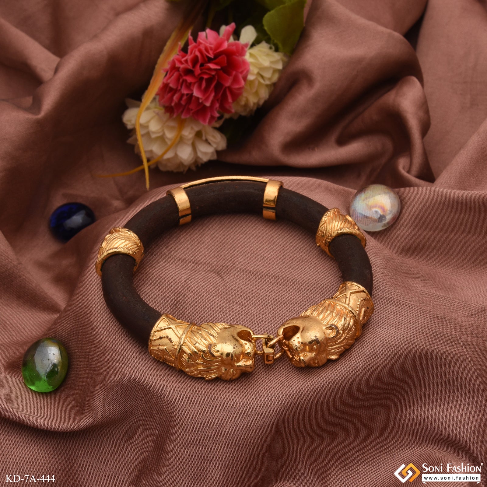 Two-Lion Face & Thakar Antique Design Gold Plated Genda Kada for Men - Style A444 - Image 8