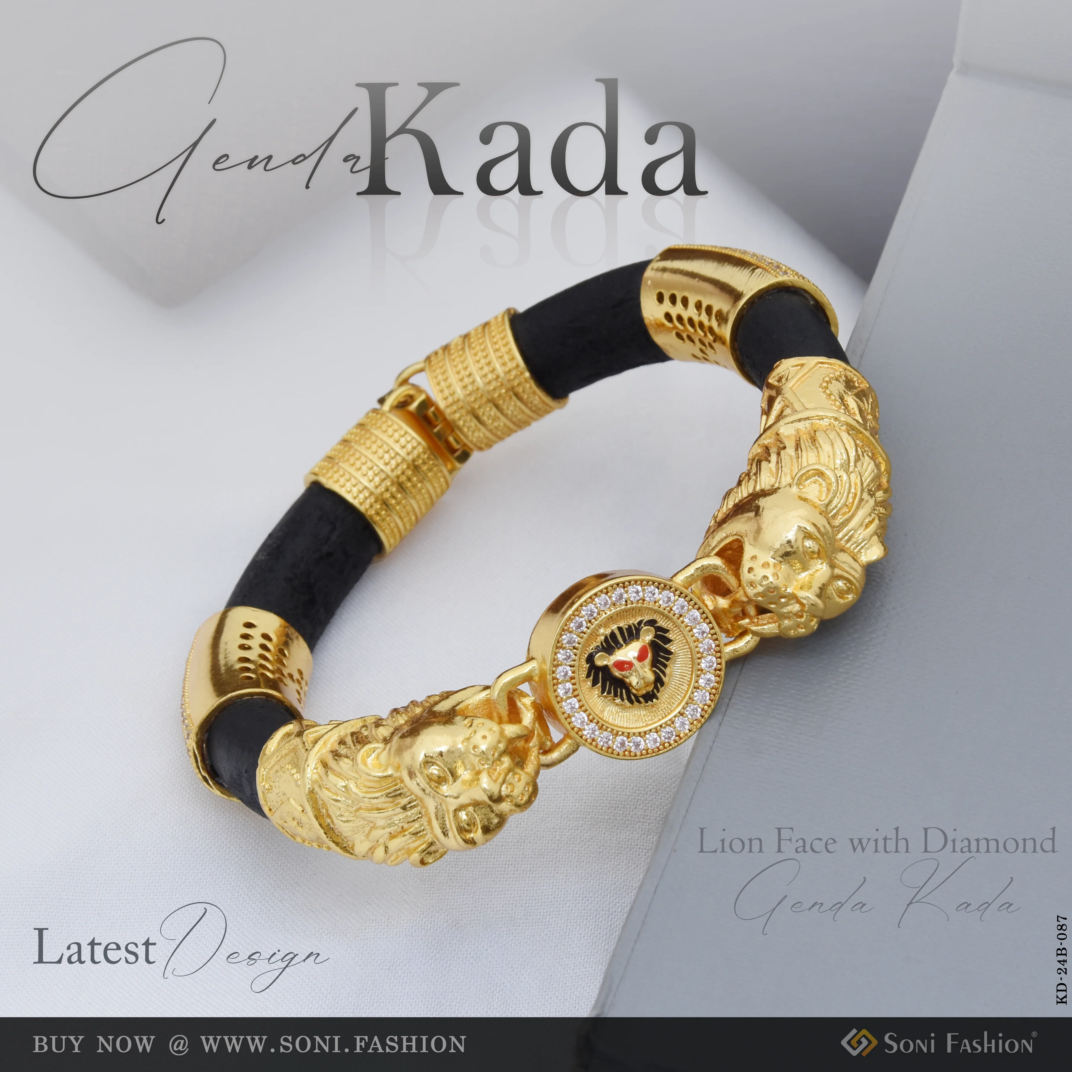 Lion Face with Diamond Latest Design Gold Plated Genda Kada for Men - Style B087
