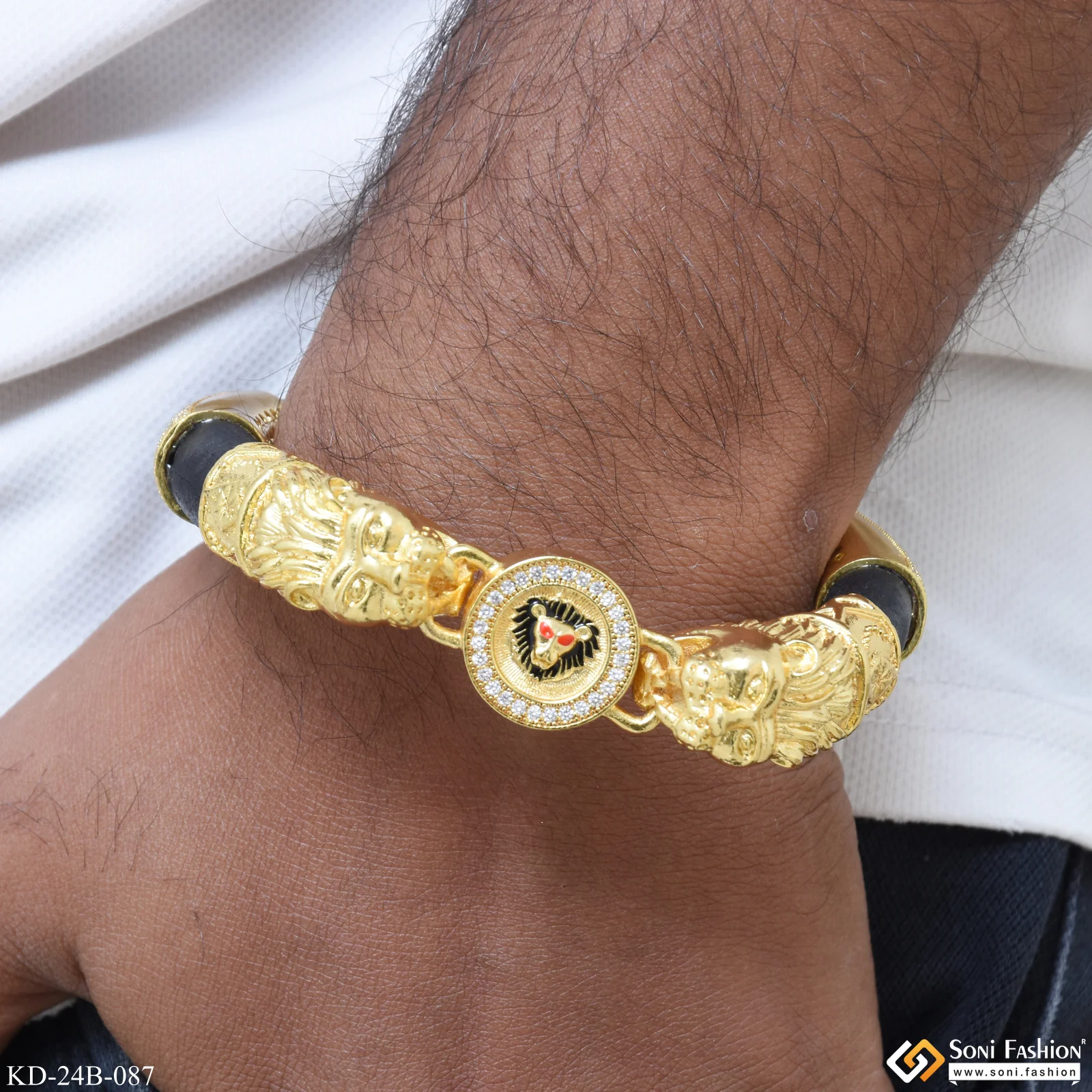 Lion Face with Diamond Latest Design Gold Plated Genda Kada for Men - Style B087 - Image 2