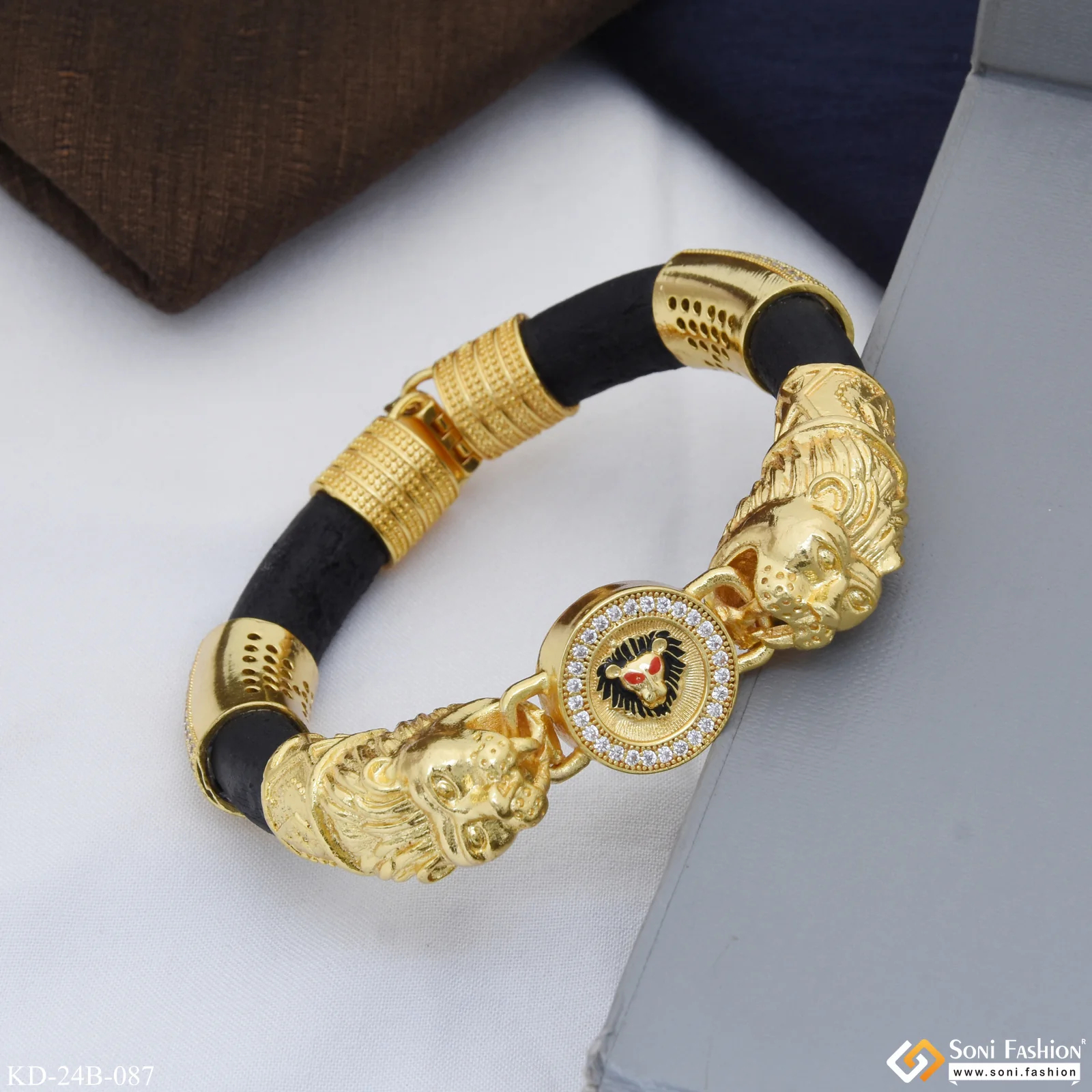 Lion Face with Diamond Latest Design Gold Plated Genda Kada for Men - Style B087 - Image 3