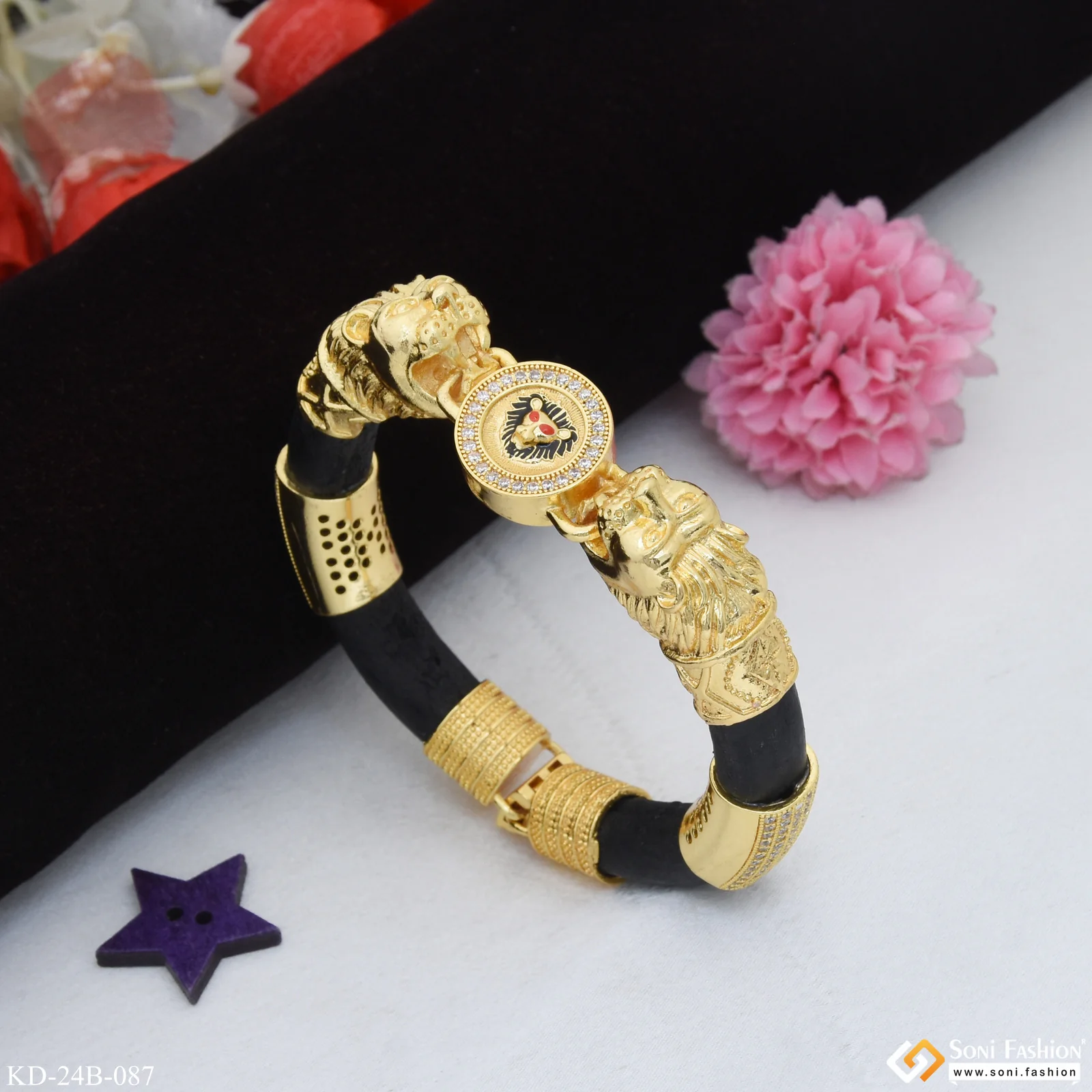 Lion Face with Diamond Latest Design Gold Plated Genda Kada for Men - Style B087 - Image 4