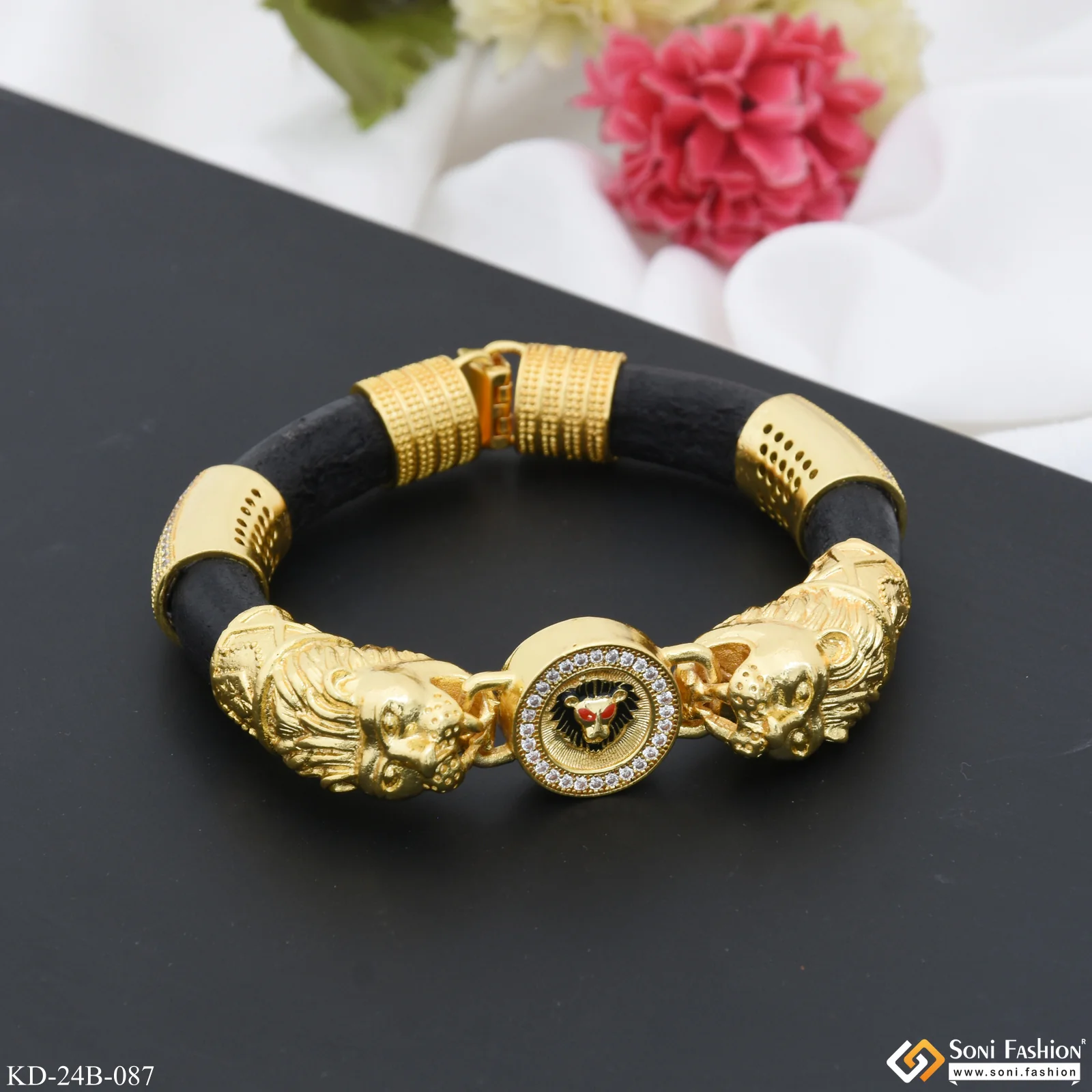 Lion Face with Diamond Latest Design Gold Plated Genda Kada for Men - Style B087 - Image 5
