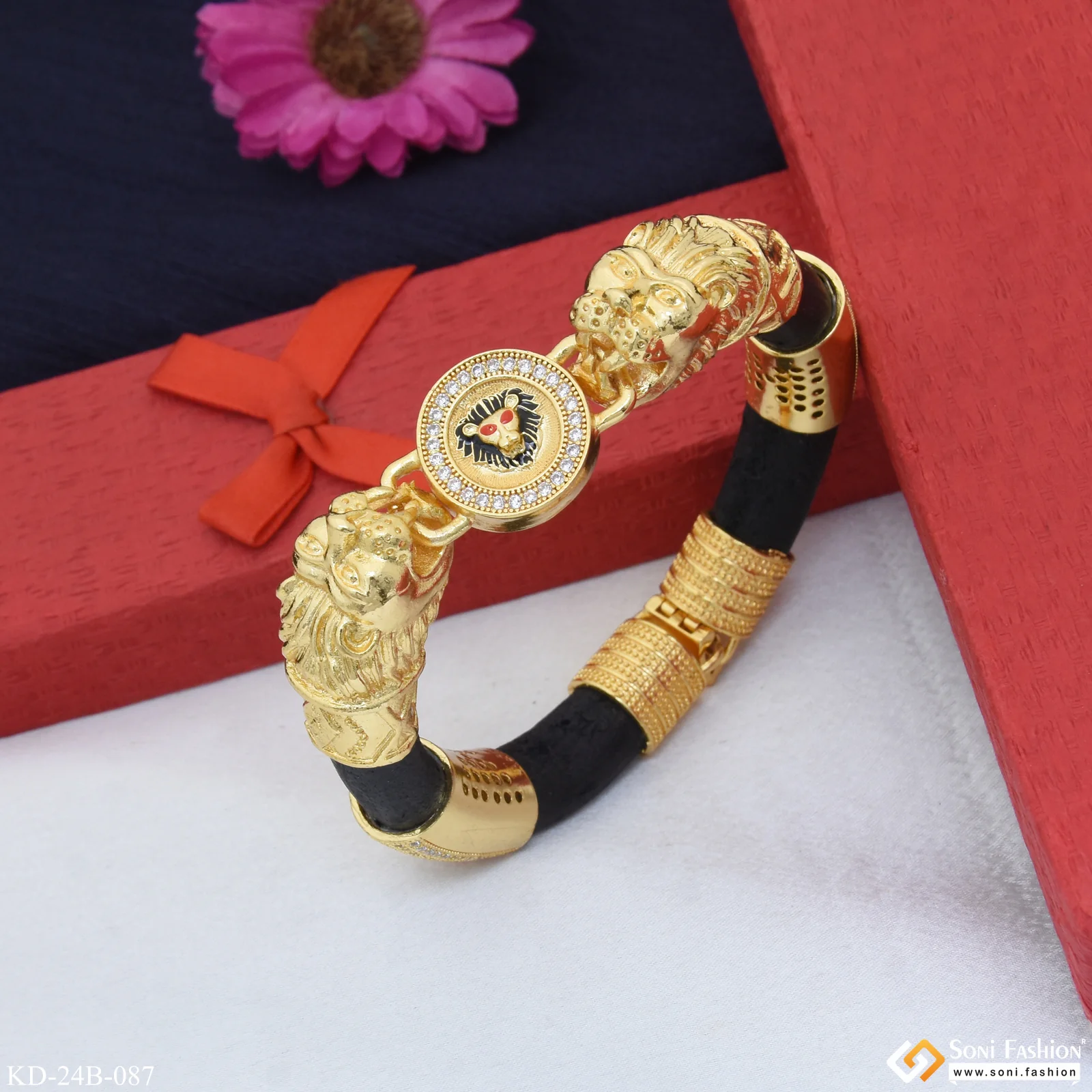Lion Face with Diamond Latest Design Gold Plated Genda Kada for Men - Style B087 - Image 6
