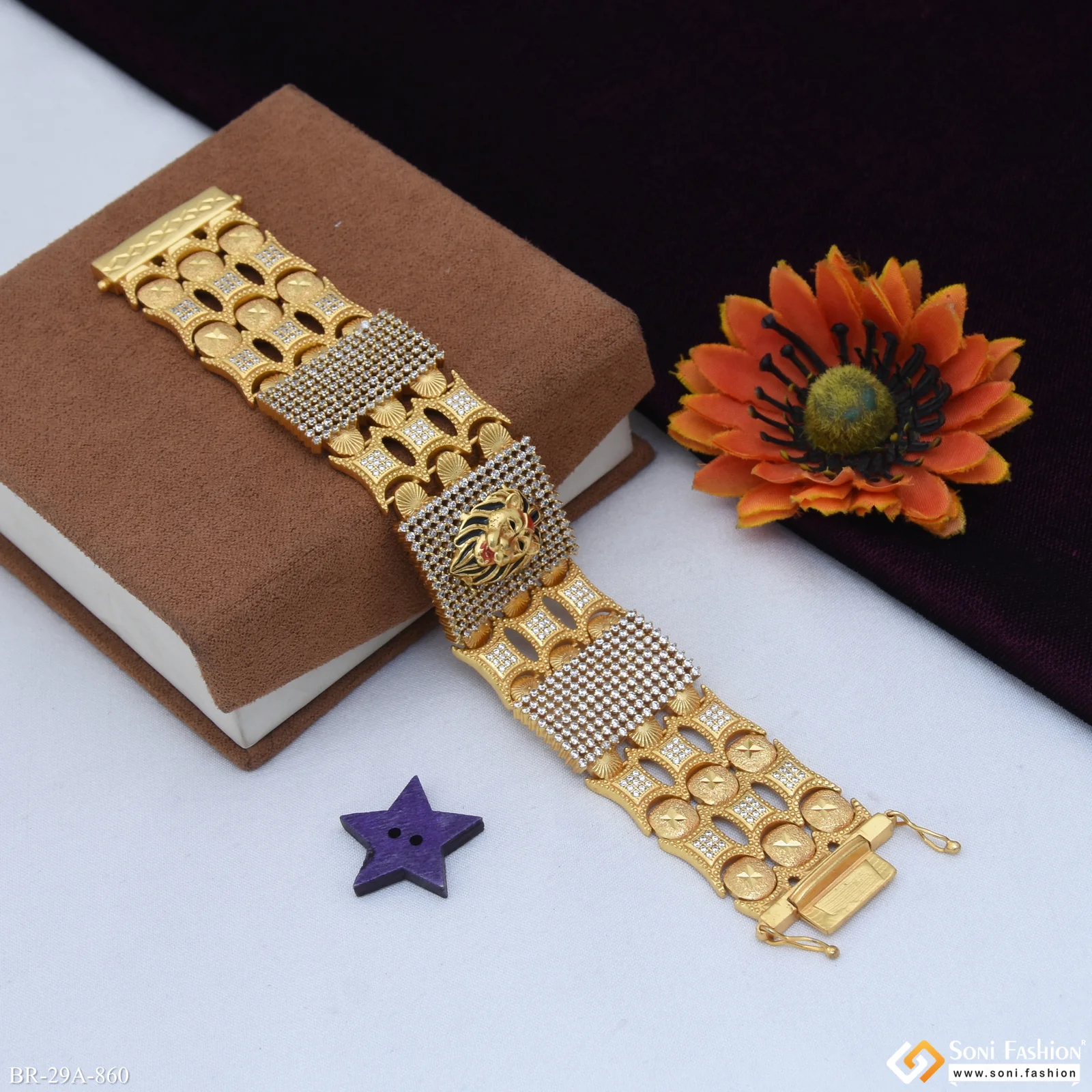 Lion Handmade Gold Plated 23 Diamonds Line Bracelet - Style A860 - Image 3