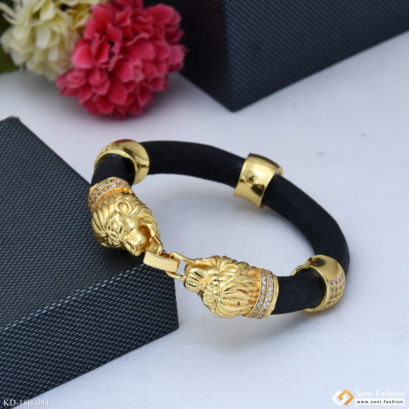 Lion with Diamond Fabulous Design Gold Plated Genda Kada for Men - Style B084 - Image 3