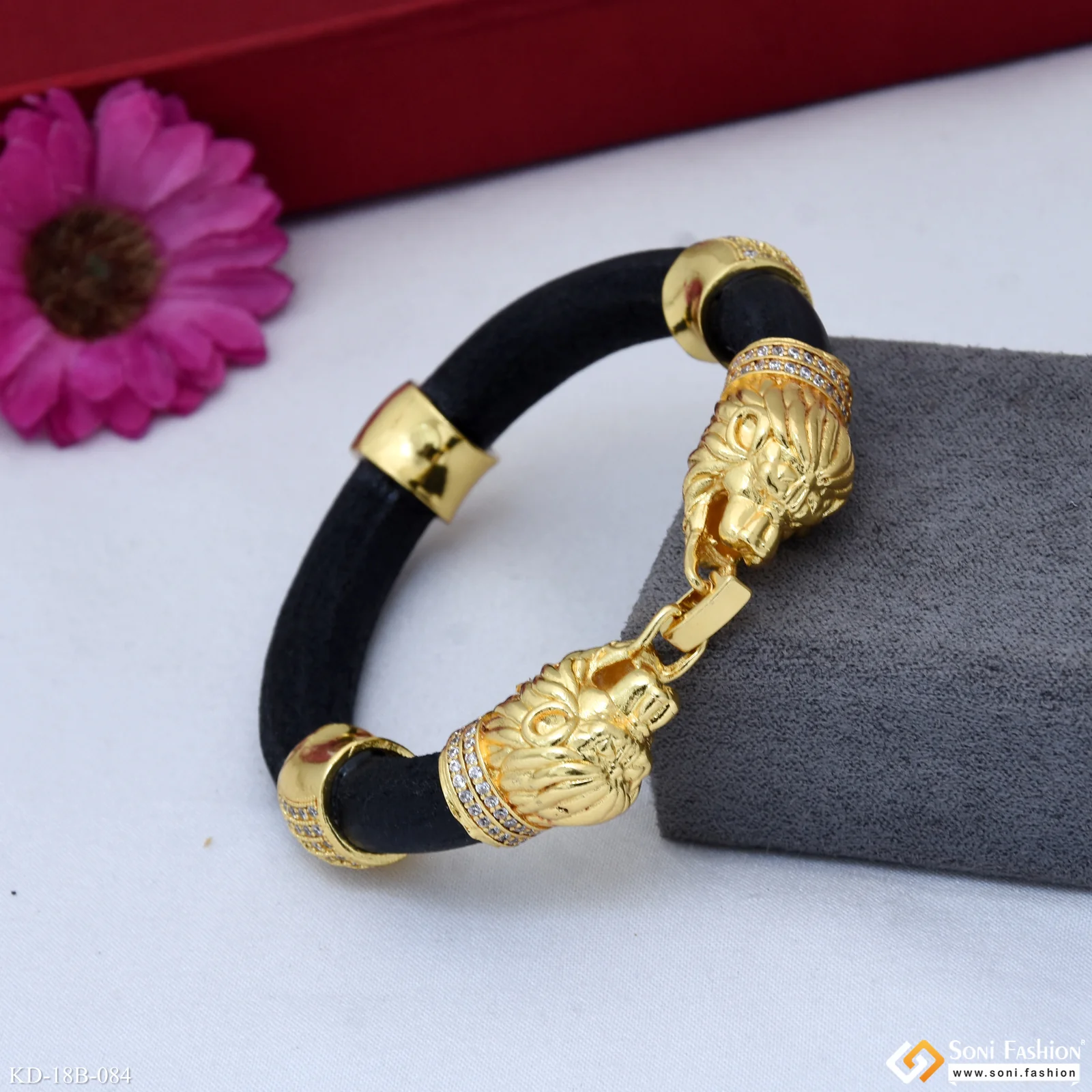 Lion with Diamond Fabulous Design Gold Plated Genda Kada for Men - Style B084 - Image 4