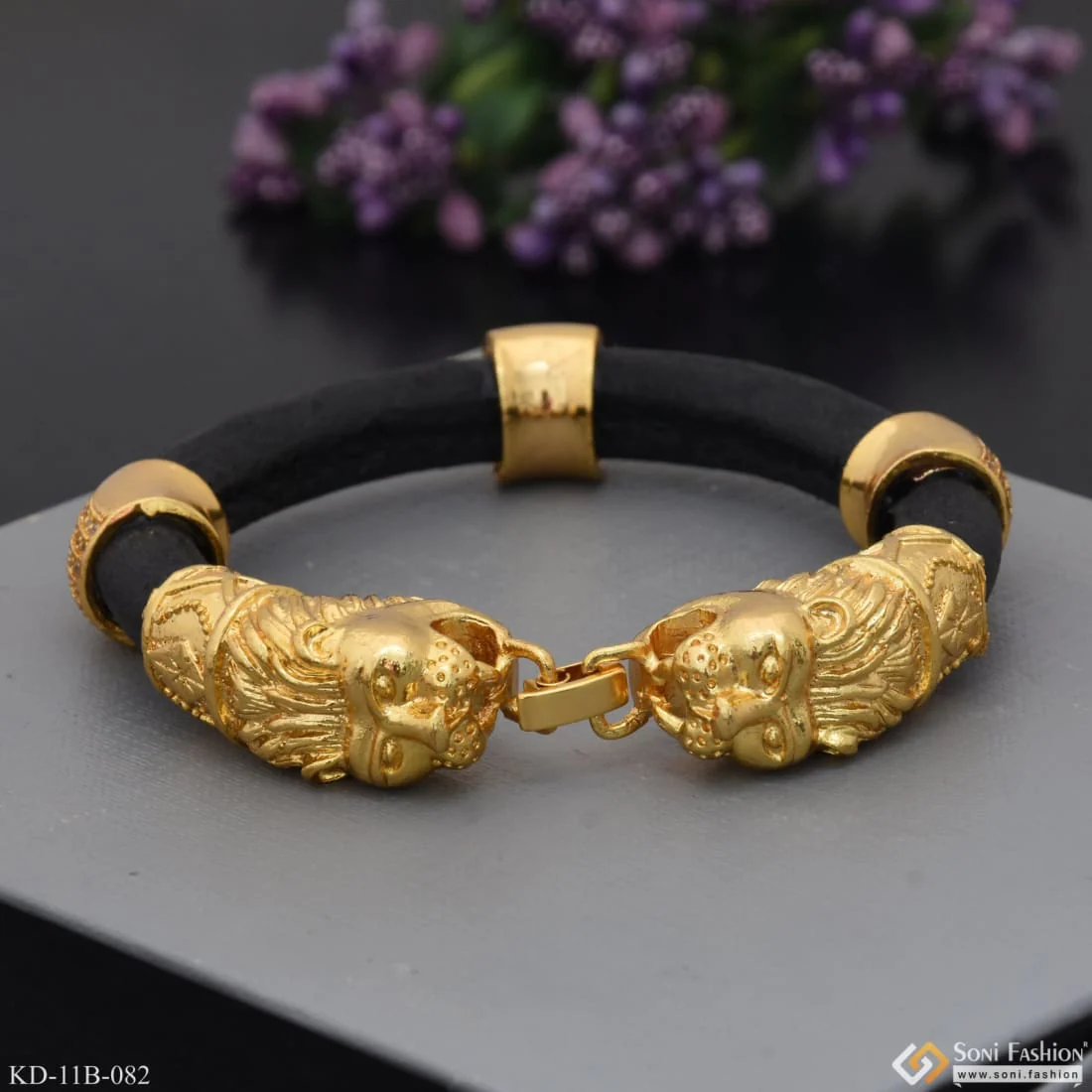 Lion With Diamond Latest Design High-Quality Gold Plated Kada for Men - Style B082 - Image 3
