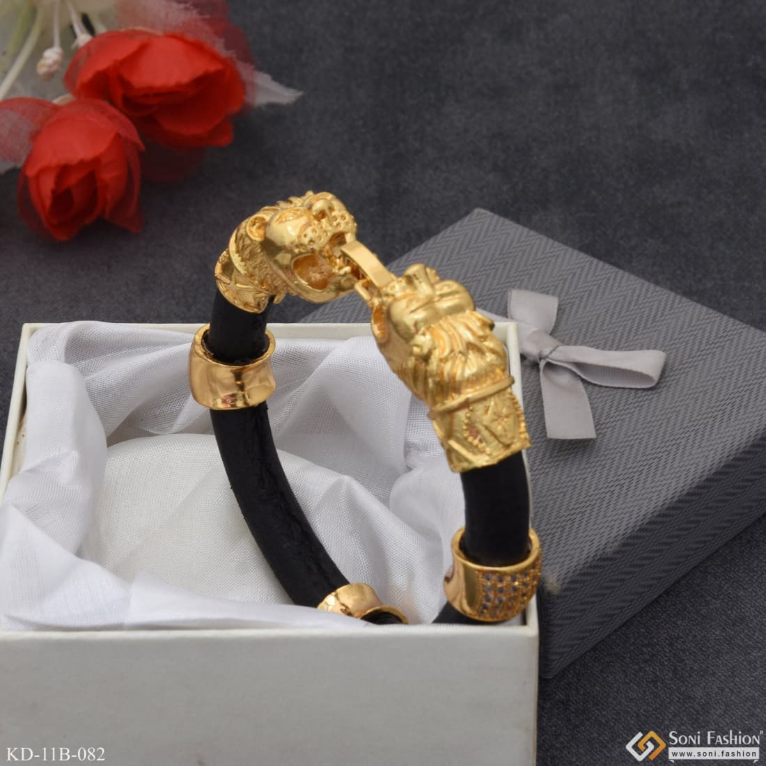 Lion With Diamond Latest Design High-Quality Gold Plated Kada for Men - Style B082 - Image 6