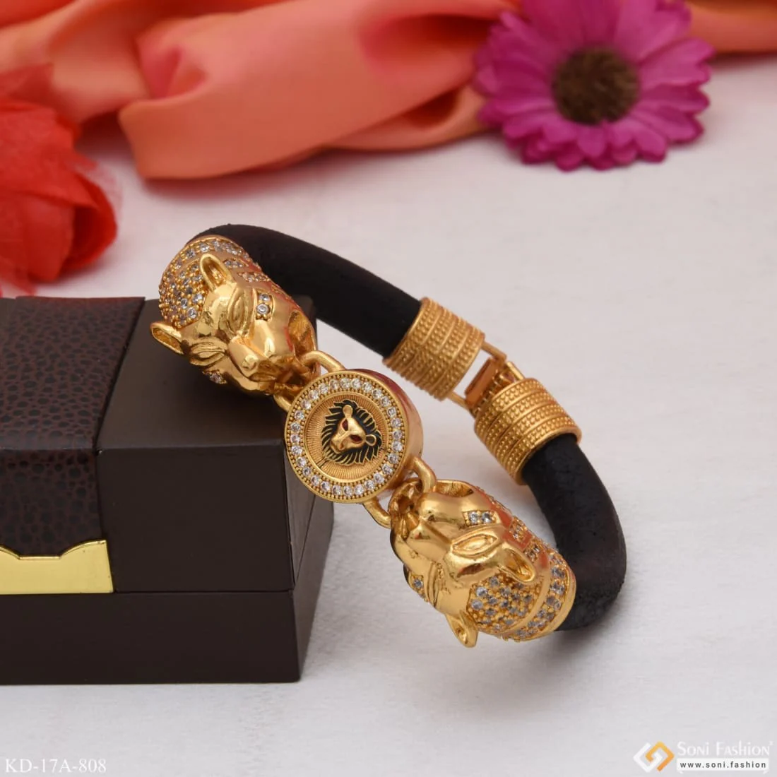 Lion with Diamond Unique Design Premium-Grade Quality Gold Plated Kada - Style A808 - Image 3