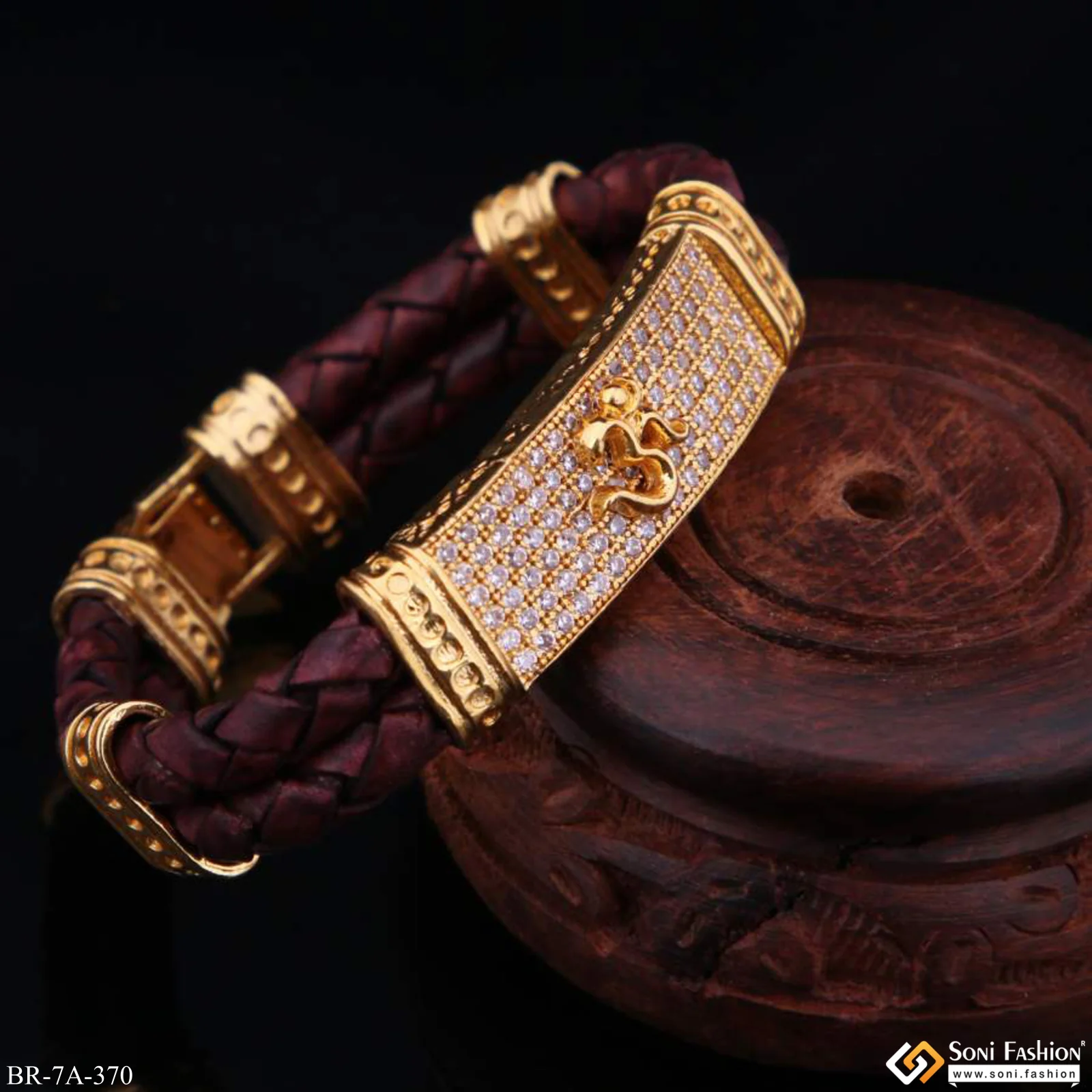 Om Logo On Leather With Diamonds Superior Quality Gold Plated Bracelet - Style A370 - Image 5