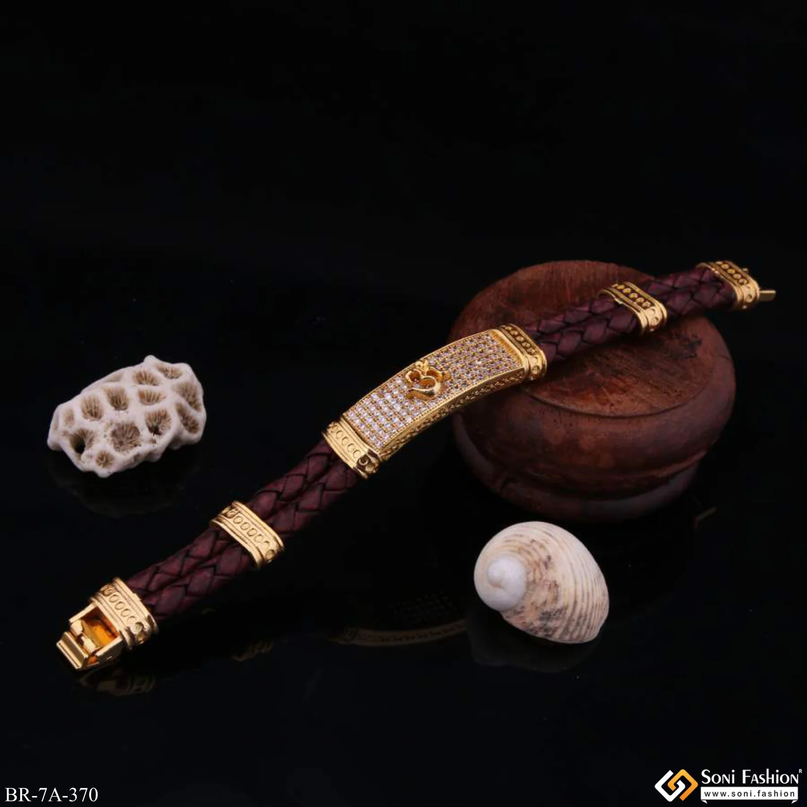 Om Logo On Leather With Diamonds Superior Quality Gold Plated Bracelet - Style A370 - Image 6