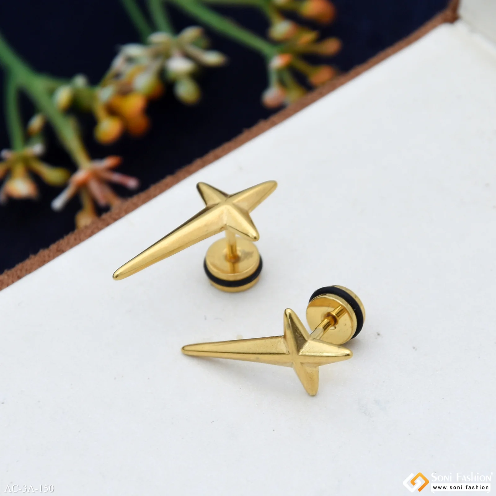 Long Cross Golden Color Stud Earring for Men (2 Pc) - Style A150 - Image 5