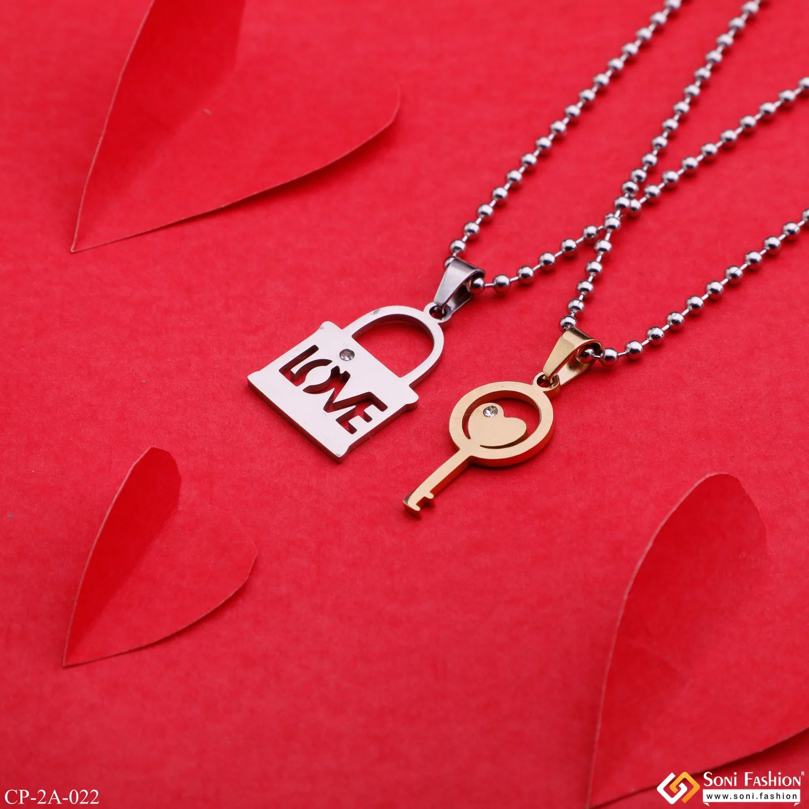 Love Heart in Lock & Key Couple Chain Pendant Set - Stainless Steel - Valentine Day - Style A022 - Image 3