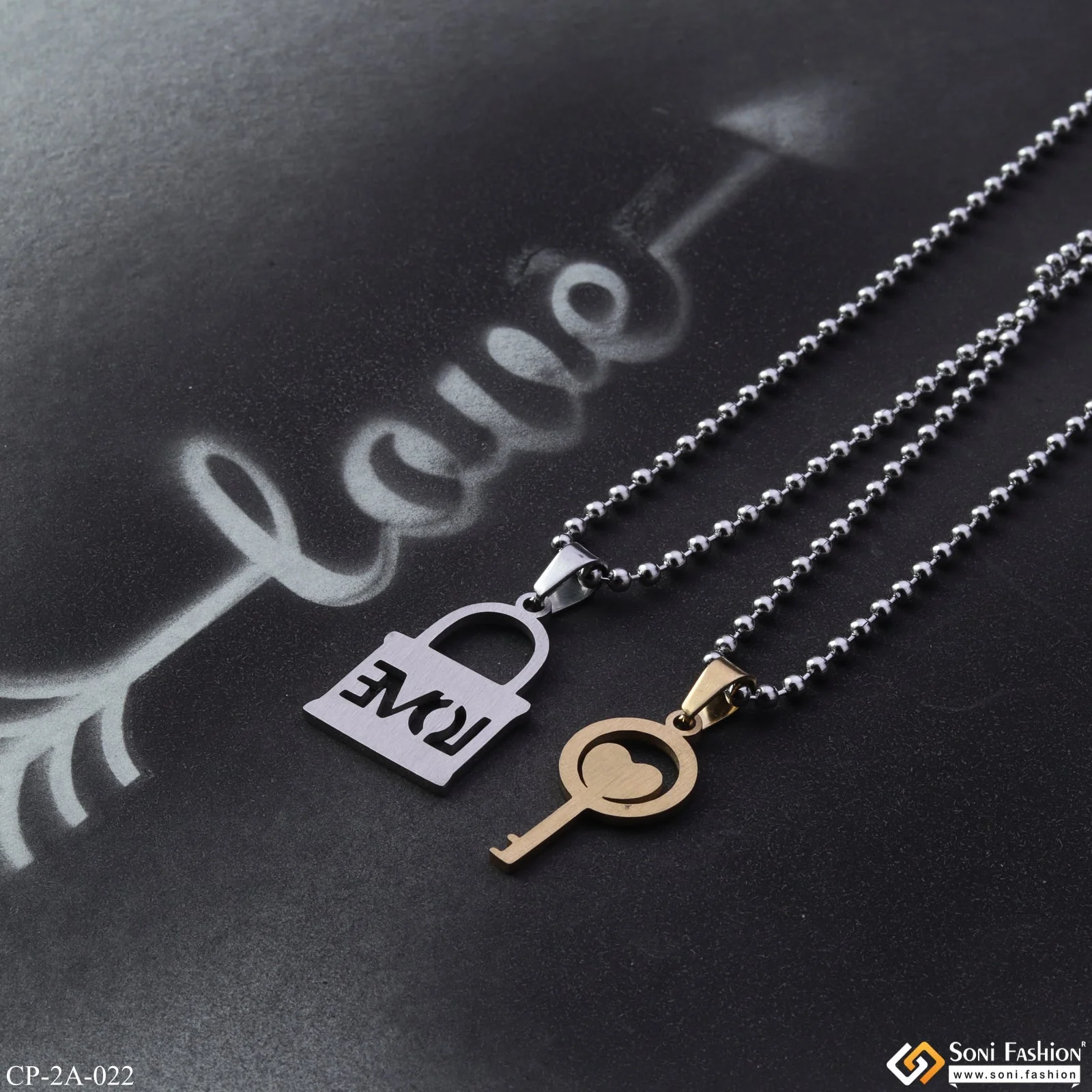 Love Heart in Lock & Key Couple Chain Pendant Set - Stainless Steel - Valentine Day - Style A022 - Image 5