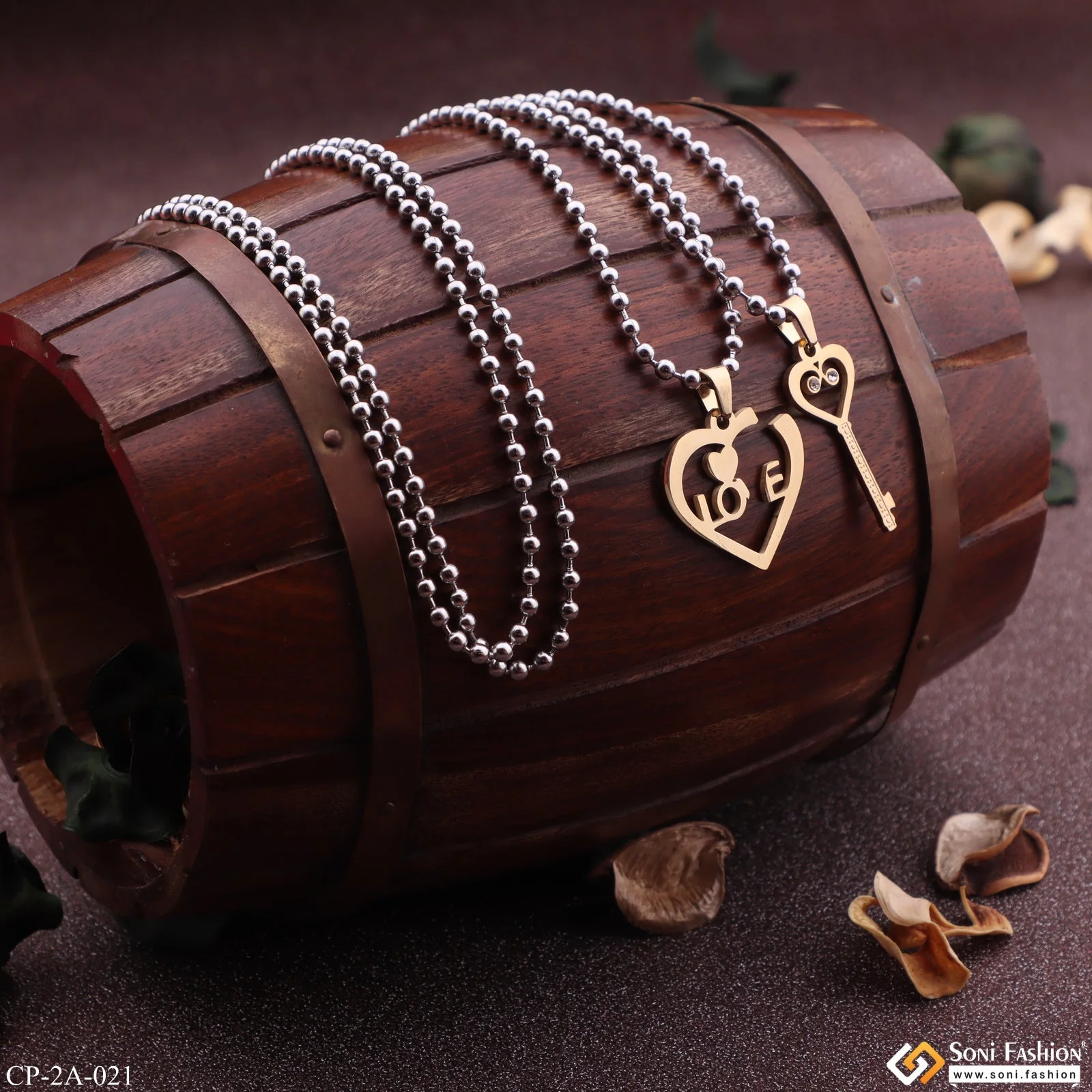 Love Heart With Key - His And Hers Lover Couple Chain With Pendant Set (2 Pieces) - Style A021 - Image 2