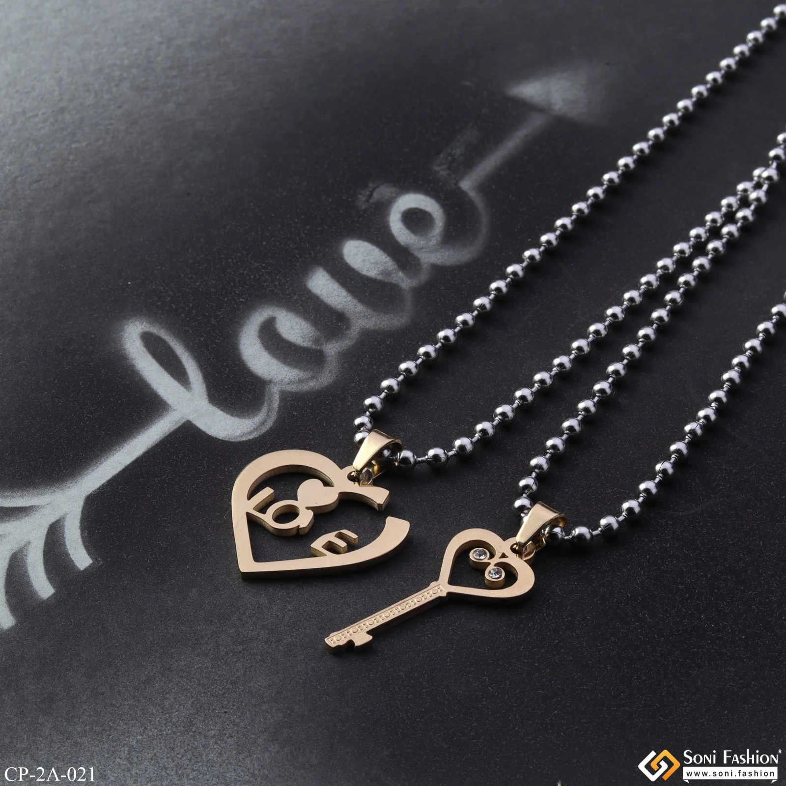 Love Heart With Key - His And Hers Lover Couple Chain With Pendant Set (2 Pieces) - Style A021 - Image 3