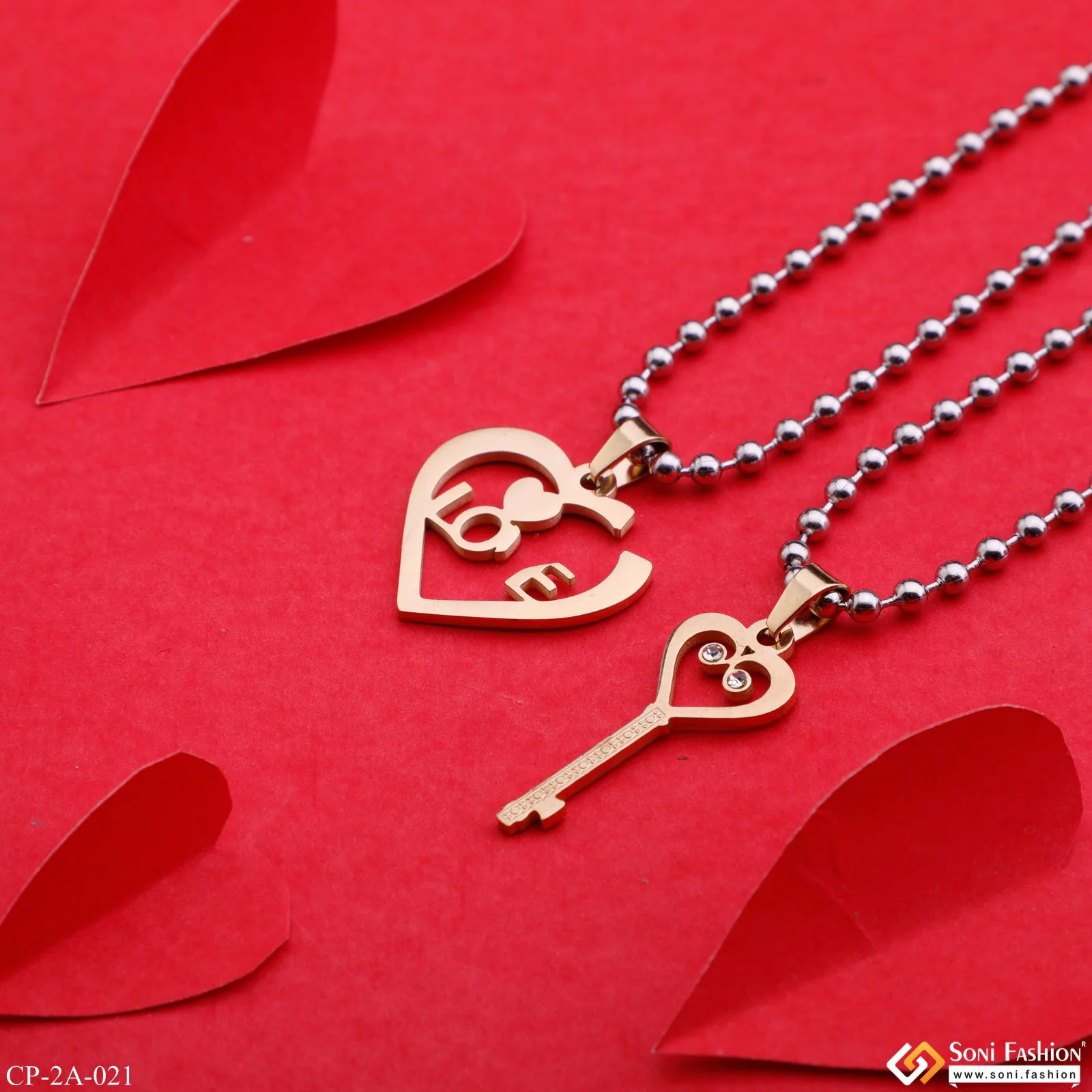 Love Heart With Key - His And Hers Lover Couple Chain With Pendant Set (2 Pieces) - Style A021 - Image 4