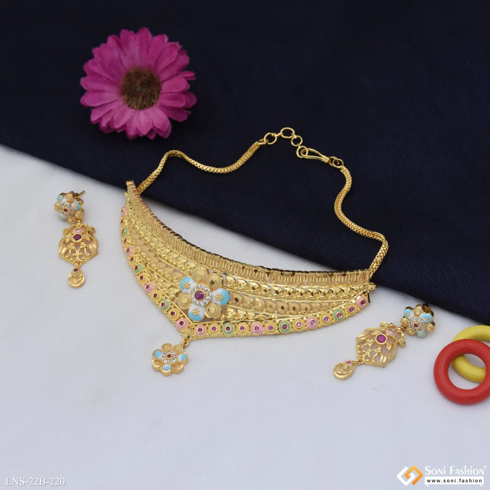 Lovely Design Gold Plated Choker Necklace Set for Ladies - Style B220 - Image 3