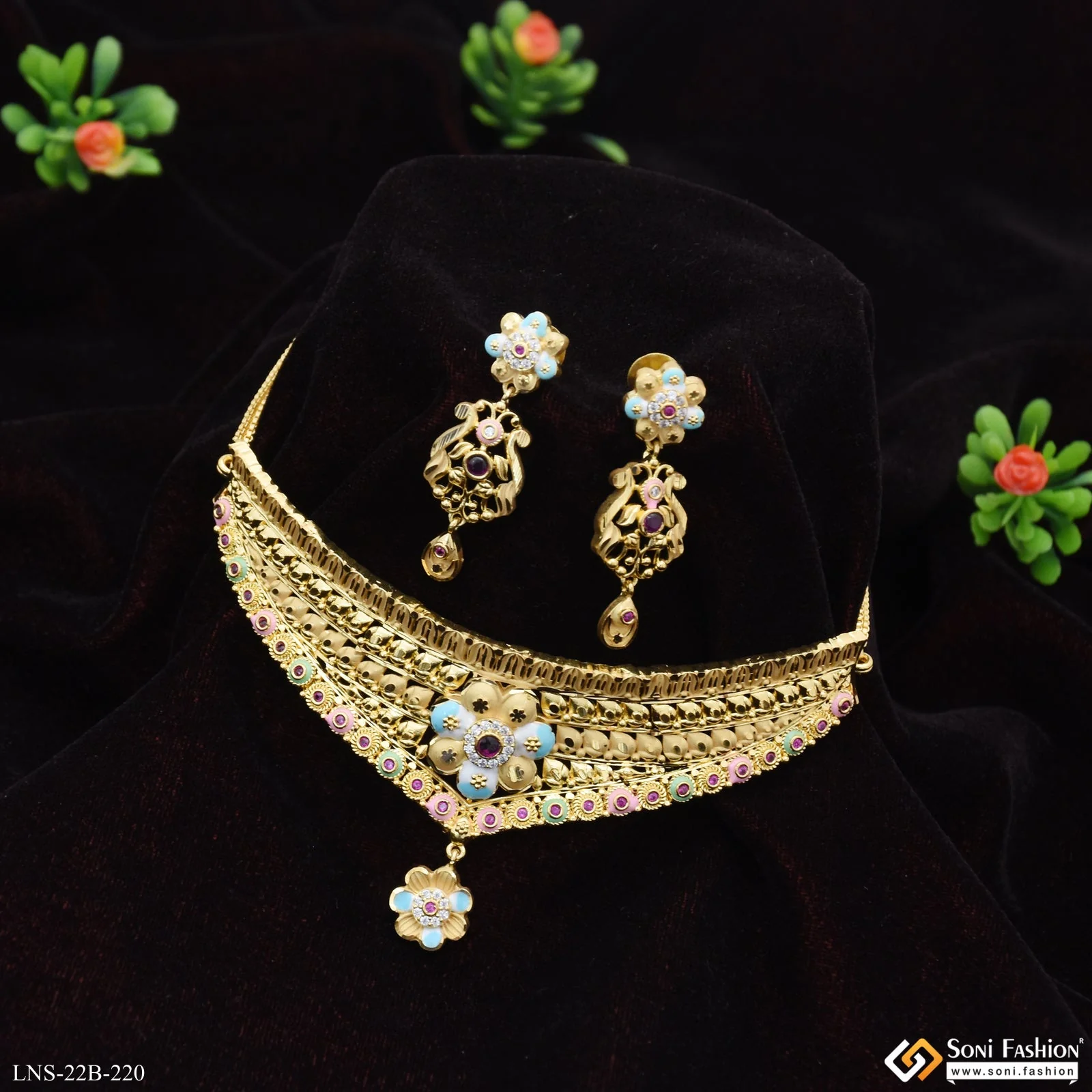 Lovely Design Gold Plated Choker Necklace Set for Ladies - Style B220 - Image 4