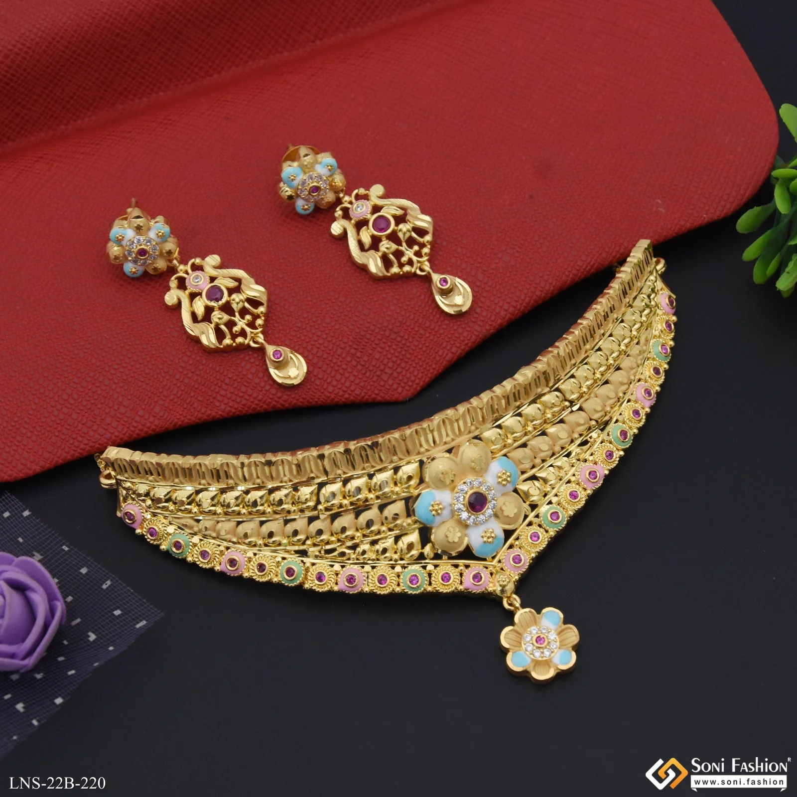 Lovely Design Gold Plated Choker Necklace Set for Ladies - Style B220 - Image 5