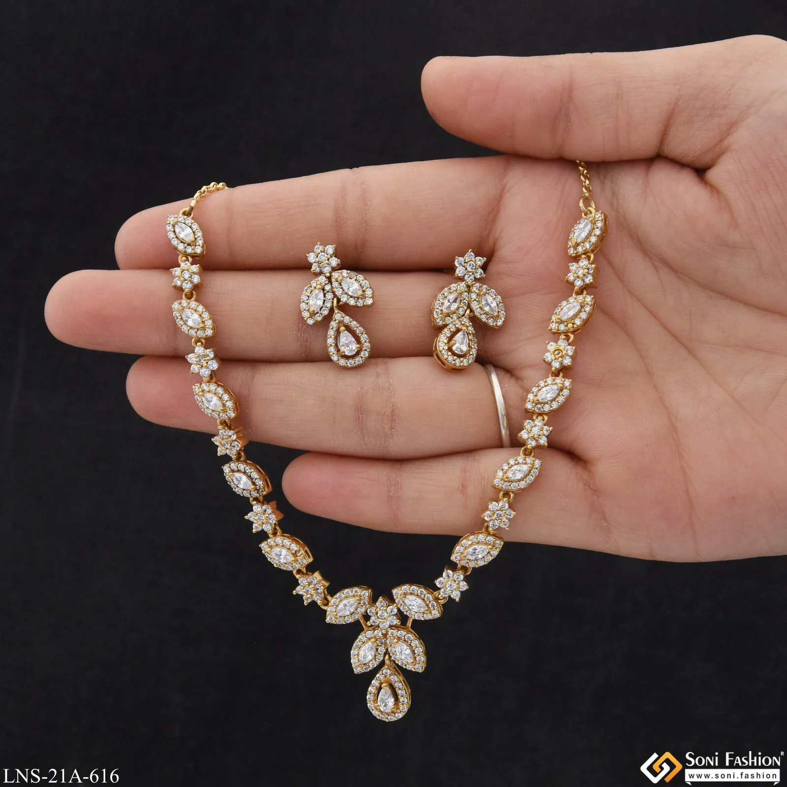 Lovely Design with Diamond Designer Gold Plated Necklace Set for Women - Style A616 - Image 2