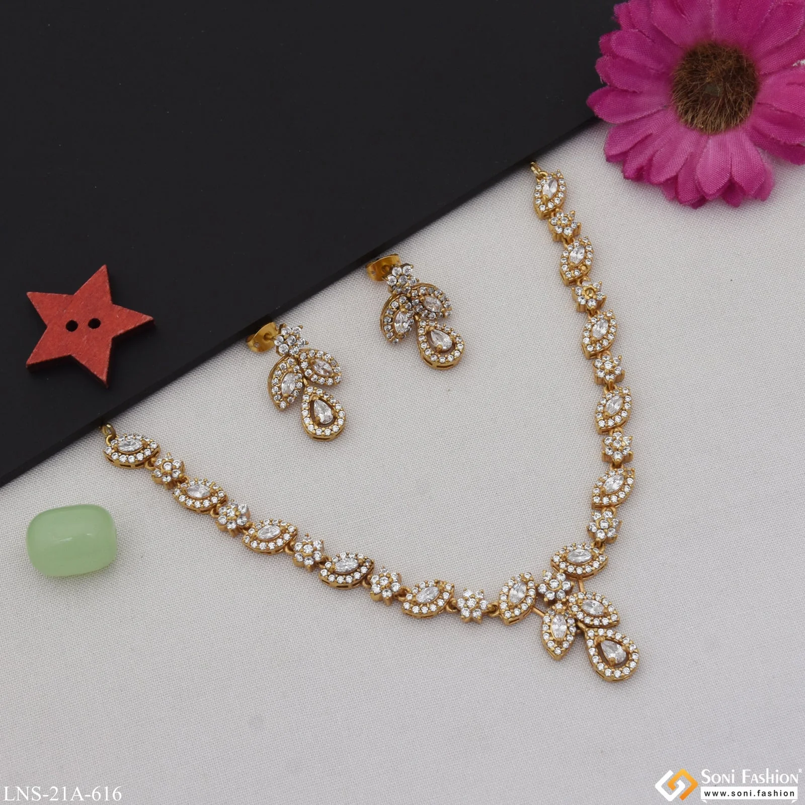 Lovely Design with Diamond Designer Gold Plated Necklace Set for Women - Style A616 - Image 4