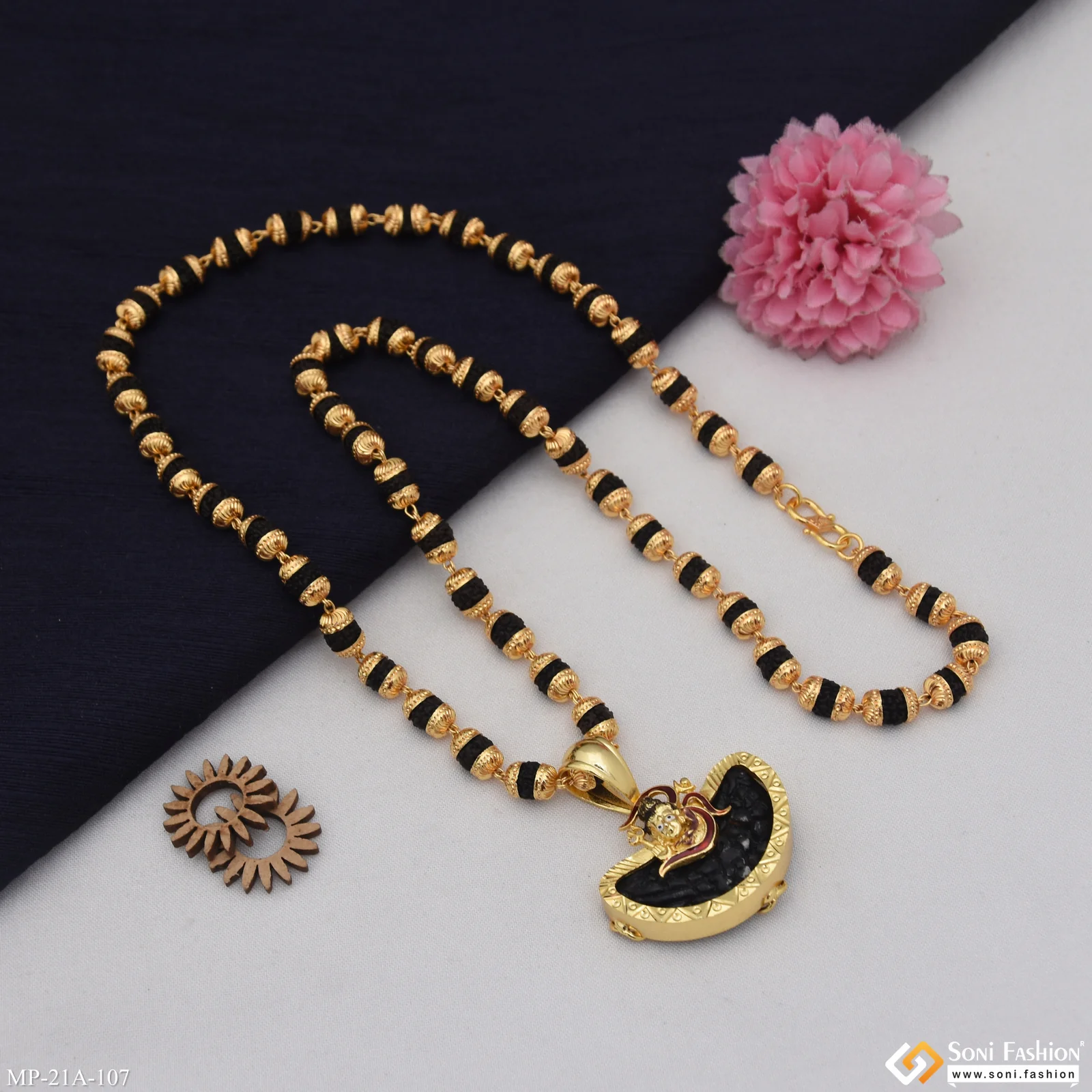 Mahadev Gold Plated Pendant with Rudraksha Mala for Men - Style A107 - Image 4