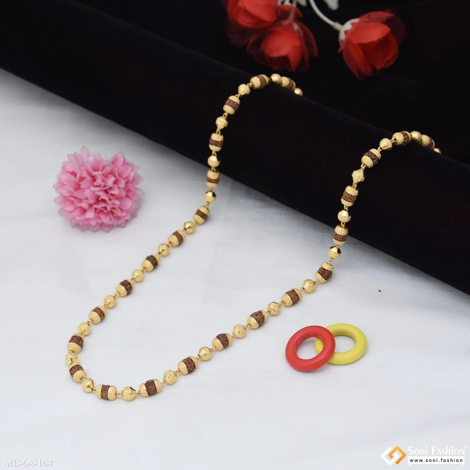 Mala with Golden Ball Streamlined Design Gold Plated Rudraksha Mala - Style A164 - Image 4