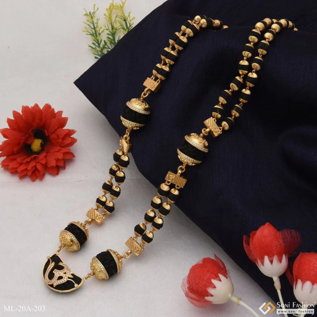 Ek Mukhi with Om Stylish Gold Plated Rudraksha Mala for Men - Style A203 - Image 3
