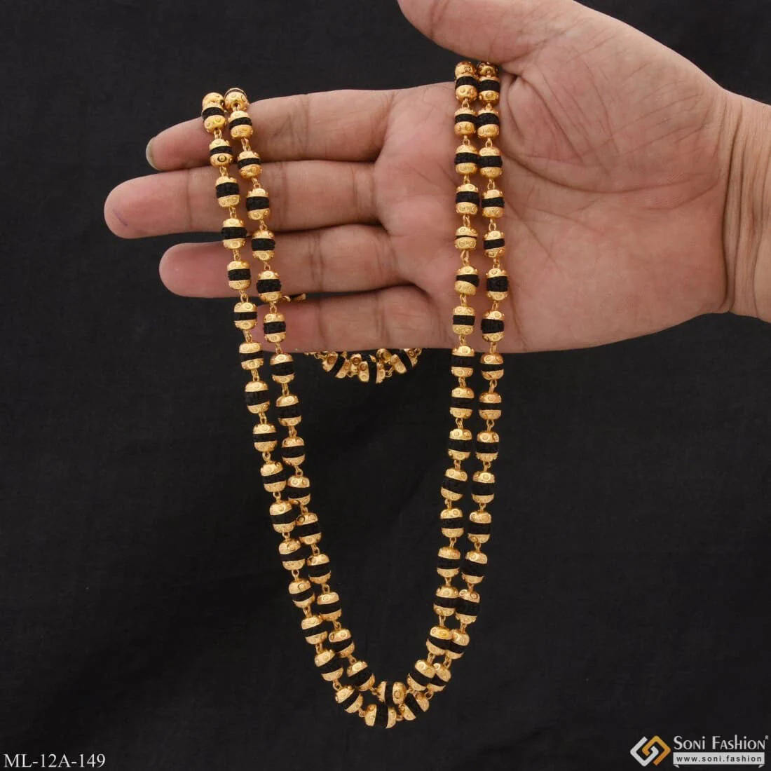 New 2 Line Unique Design Premium-grade Gold Plated Black Rudraksha Mala - Style A149