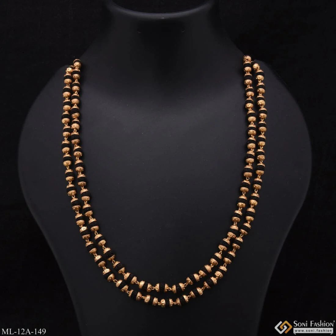 New 2 Line Unique Design Premium-grade Gold Plated Black Rudraksha Mala - Style A149 - Image 2